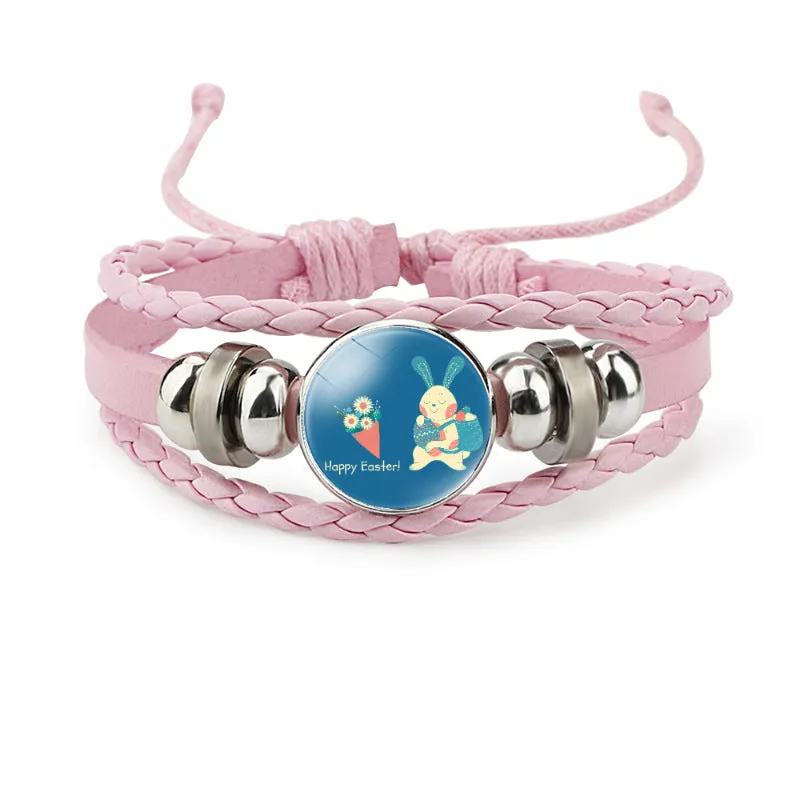 Wholesale Easter Rabbit Time Gemstone Pink Leather Multi Layer Woven Bracelet