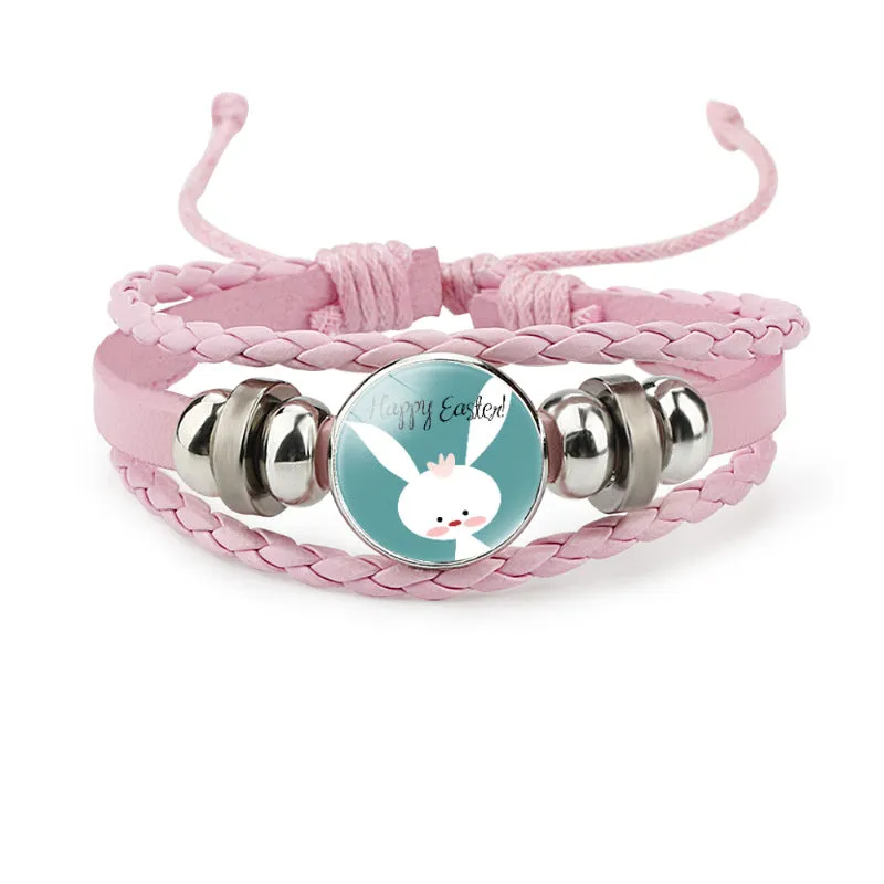Wholesale Easter Rabbit Time Gemstone Pink Leather Multi Layer Woven Bracelet