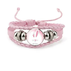 Wholesale Easter Rabbit Time Gemstone Pink Leather Multi Layer Woven Bracelet