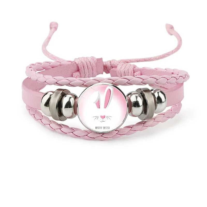 Wholesale Easter Rabbit Time Gemstone Pink Leather Multi Layer Woven Bracelet