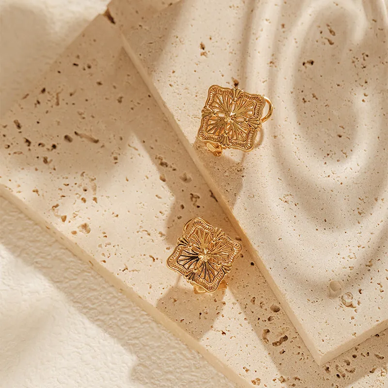 Wholesale Engraved Lace Vintage Square Gold Plated Earrings