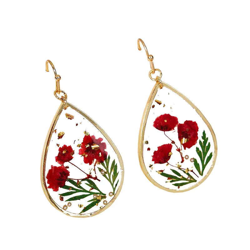 Wholesale Epoxy Leaf Eternal Red Dried Flower Earrings