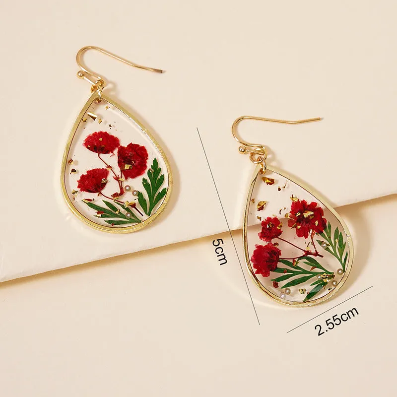 Wholesale Epoxy Leaf Eternal Red Dried Flower Earrings