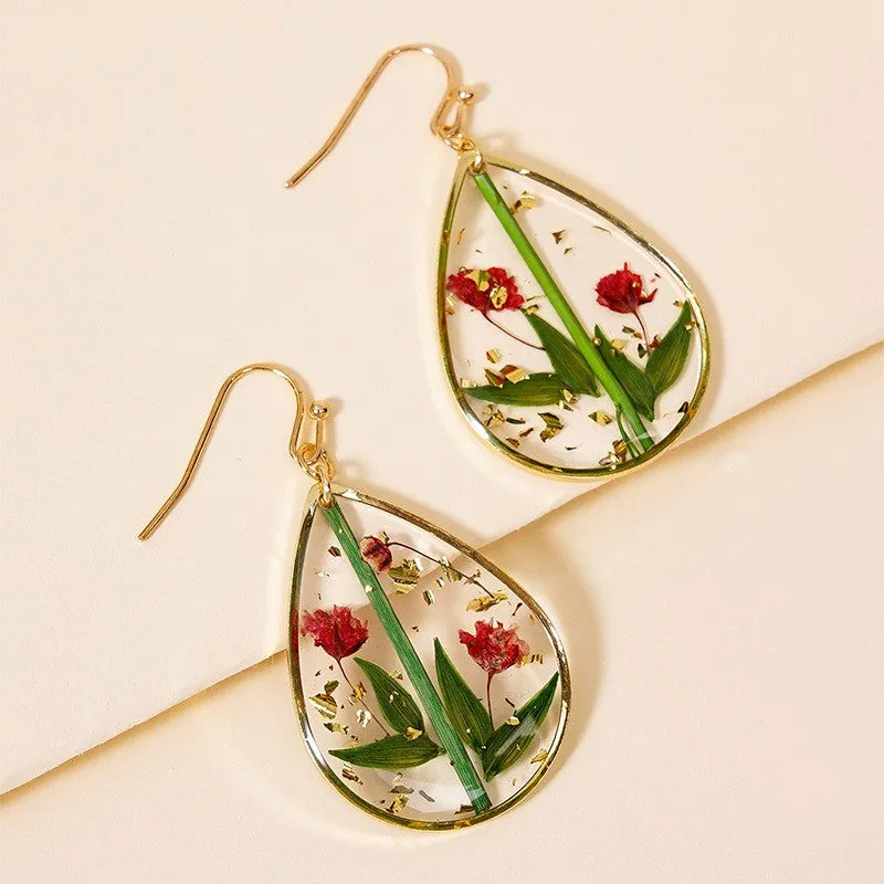 Wholesale Epoxy Leaf Eternal Red Dried Flower Earrings