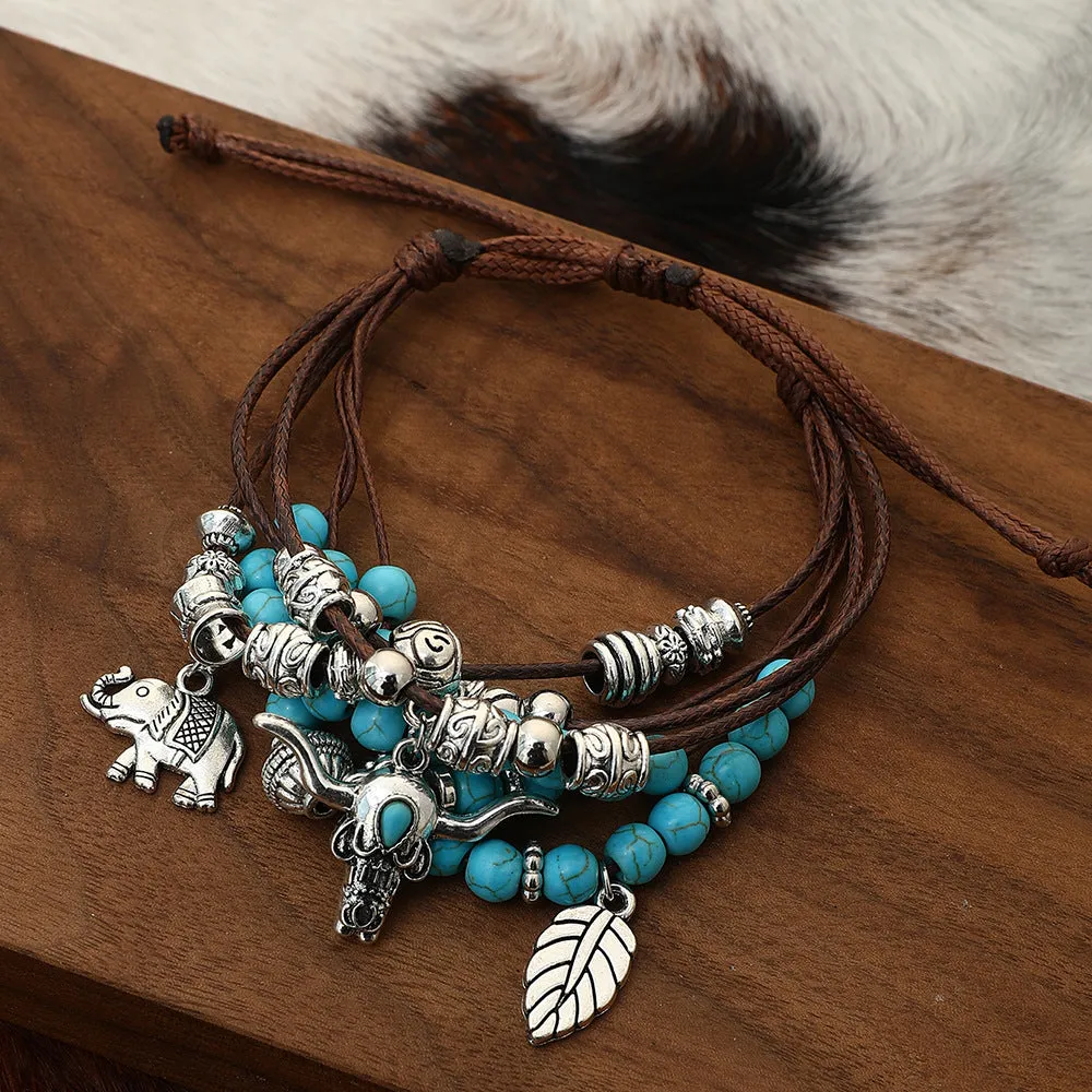 Wholesale Ethnic Bohemian Turquoise Bull Head Elephant Leaf Handmade Multi-layer Bracelet