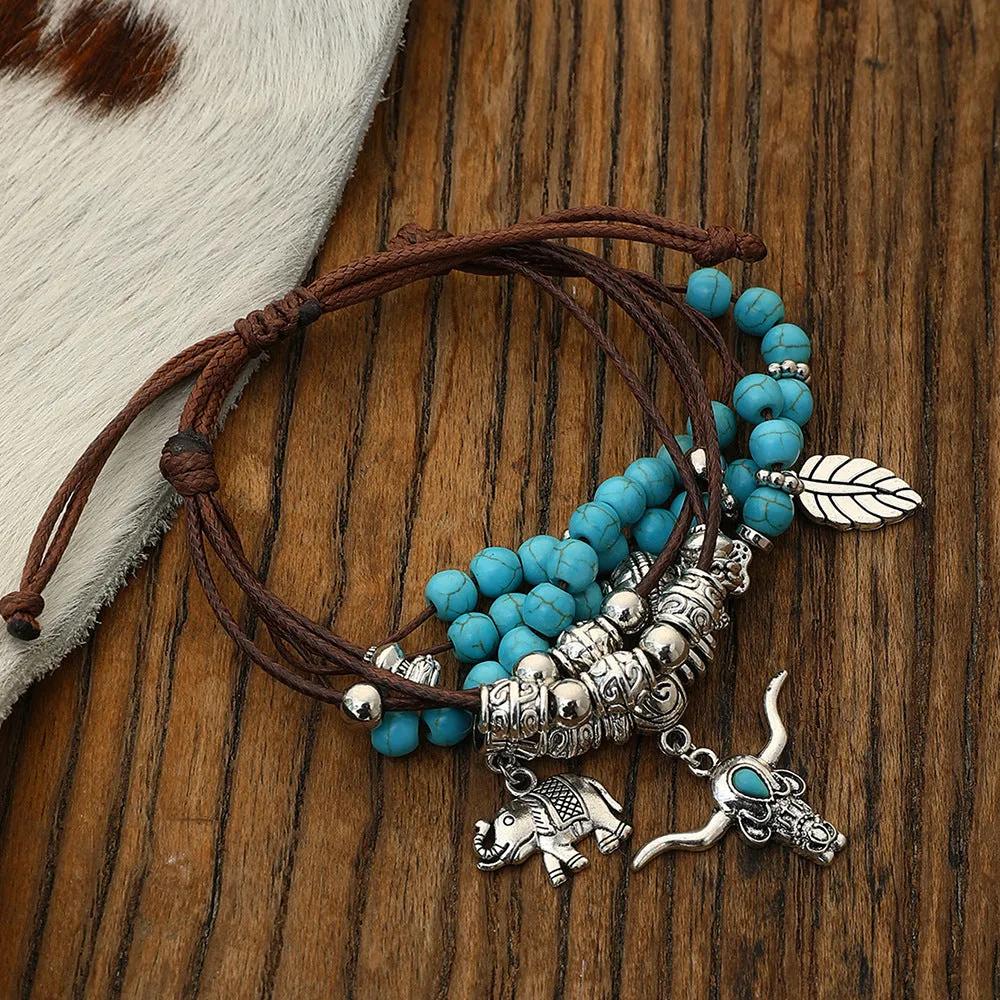 Wholesale Ethnic Bohemian Turquoise Bull Head Elephant Leaf Handmade Multi-layer Bracelet