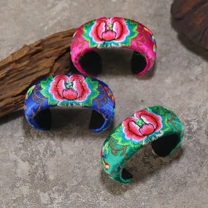 Wholesale Ethnic style embroidered fabric peony wide bracelet