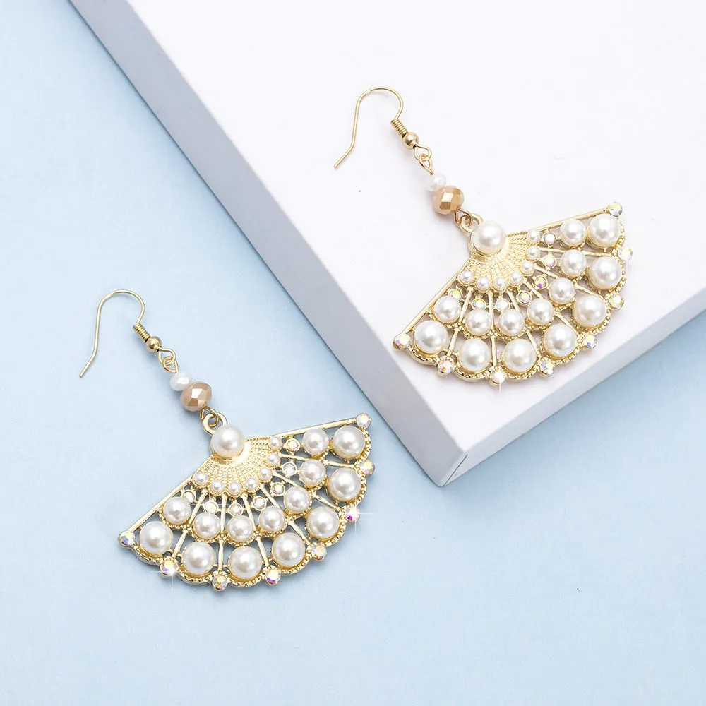 Wholesale Ethnic Style Hollow Zinc Alloy Diamond Imitation Pearl Fan Earrings