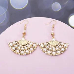 Wholesale Ethnic Style Hollow Zinc Alloy Diamond Imitation Pearl Fan Earrings
