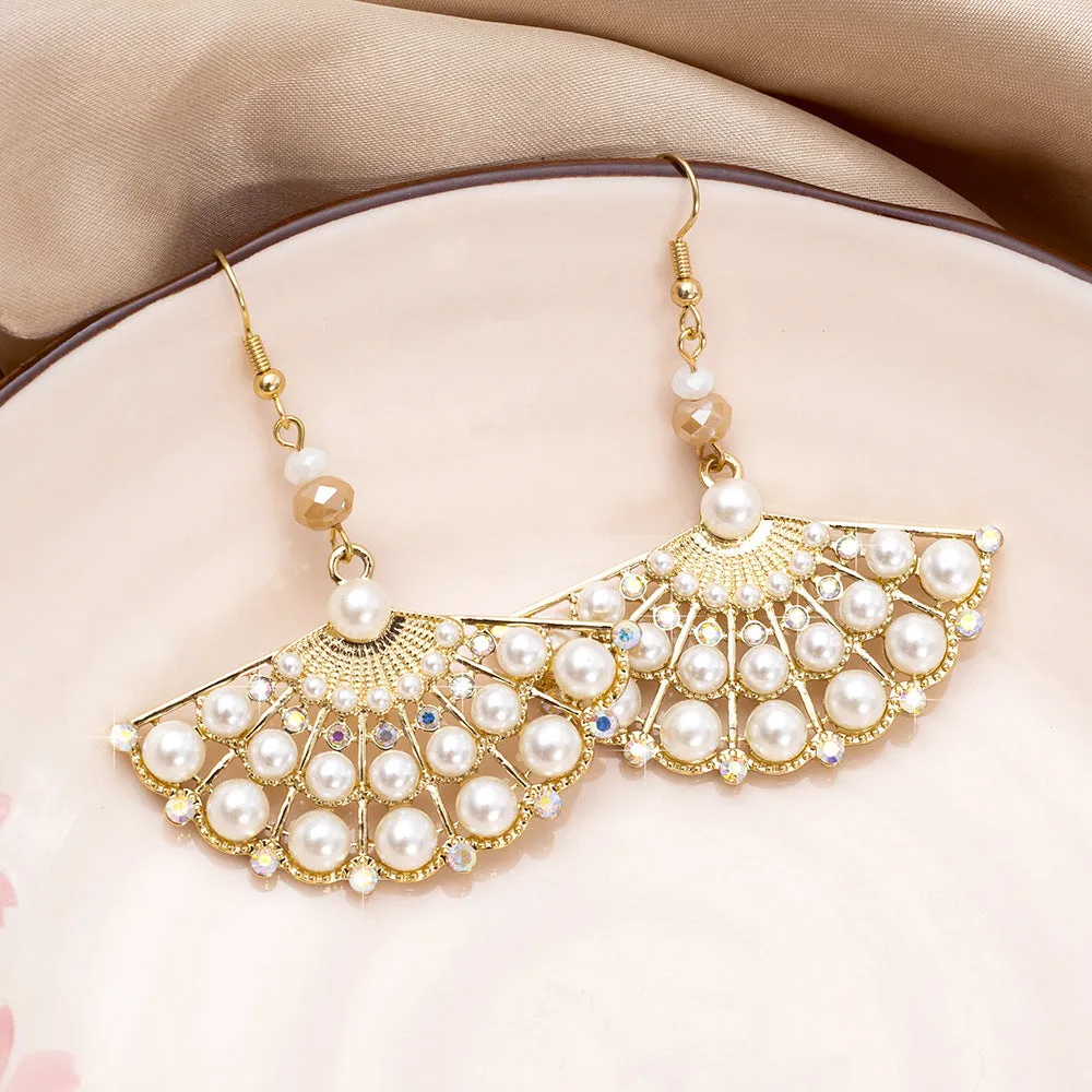 Wholesale Ethnic Style Hollow Zinc Alloy Diamond Imitation Pearl Fan Earrings