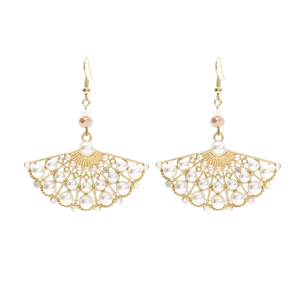 Wholesale Ethnic Style Hollow Zinc Alloy Diamond Imitation Pearl Fan Earrings