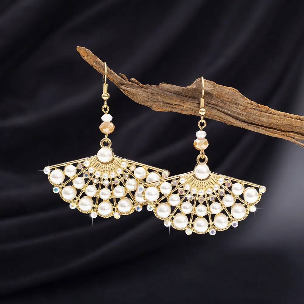 Wholesale Ethnic Style Hollow Zinc Alloy Diamond Imitation Pearl Fan Earrings