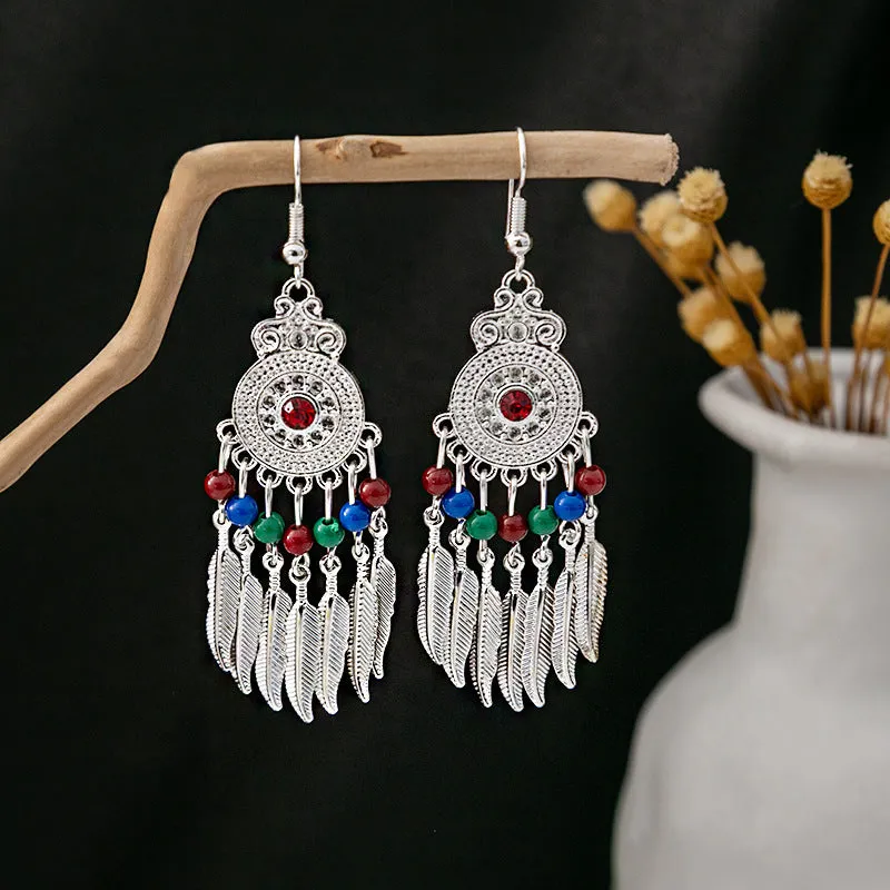 Wholesale Ethnic Style Long Style Feather Tassel Alloy Earrings