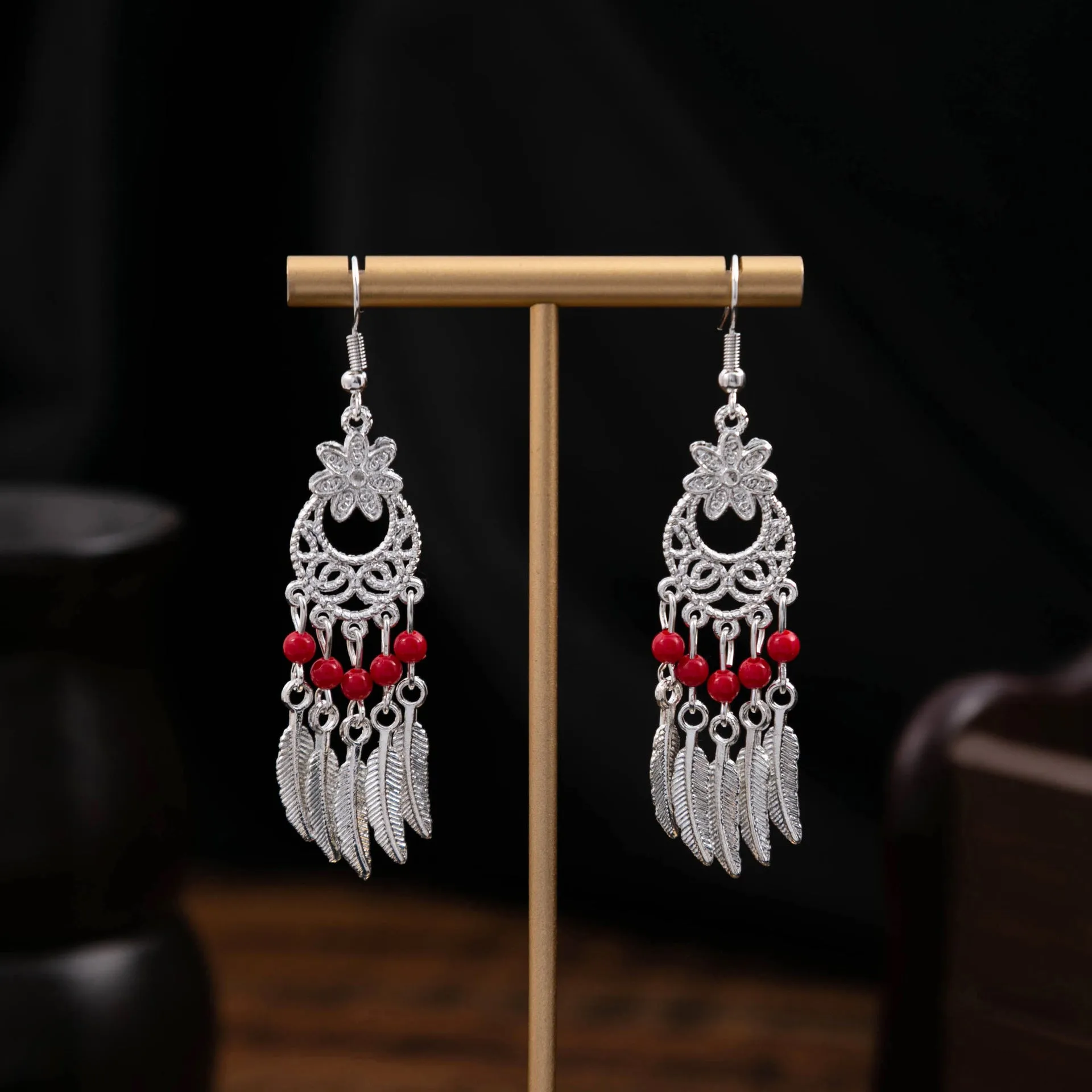 Wholesale Ethnic Style Long Style Feather Tassel Alloy Earrings