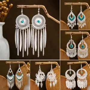 Wholesale Ethnic Style Long Style Feather Tassel Alloy Earrings