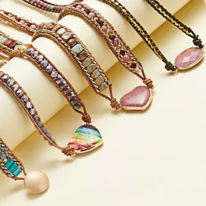 Wholesale Ethnic Style Love Leather Imitation Natural Stone 3-layer Wrap Bracelet for Men and Women
