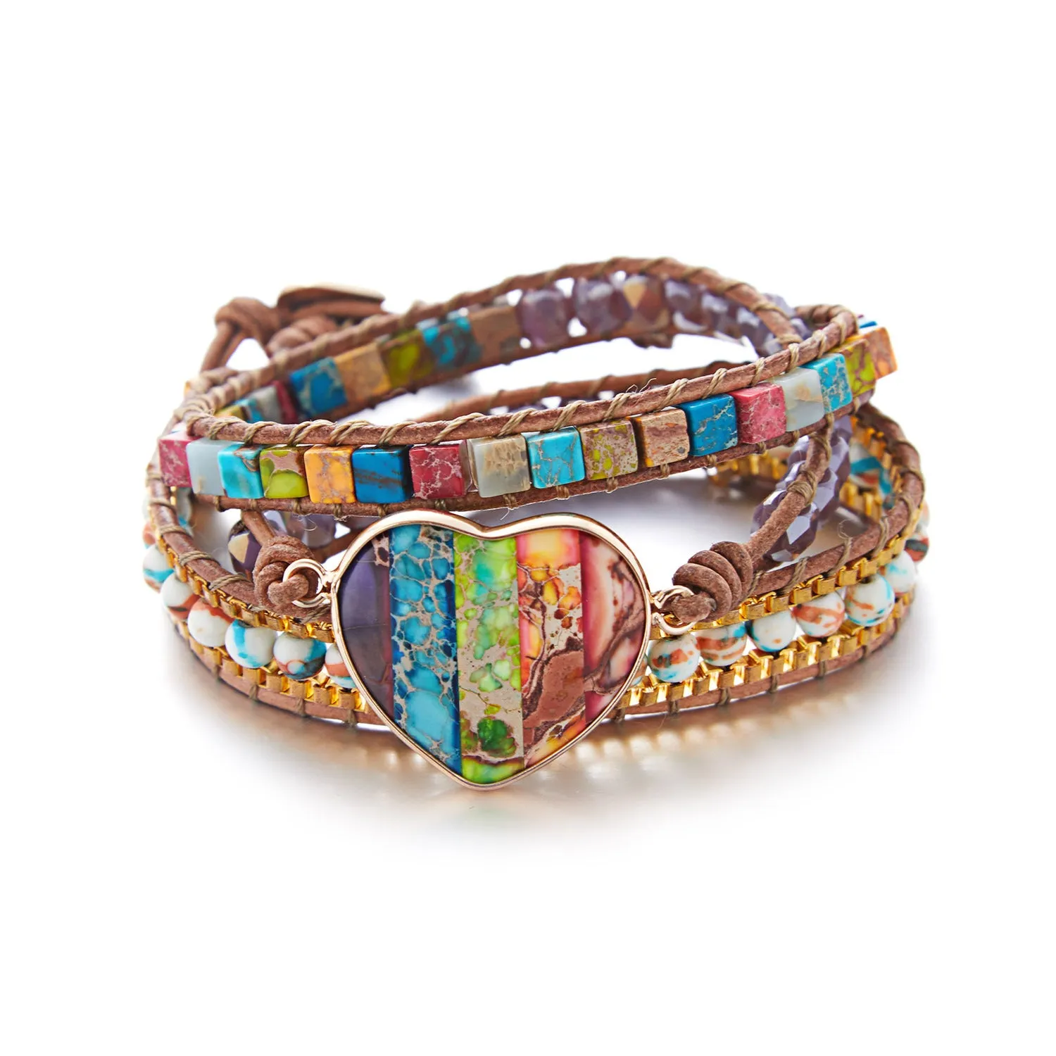 Wholesale Ethnic Style Love Leather Imitation Natural Stone 3-layer Wrap Bracelet for Men and Women