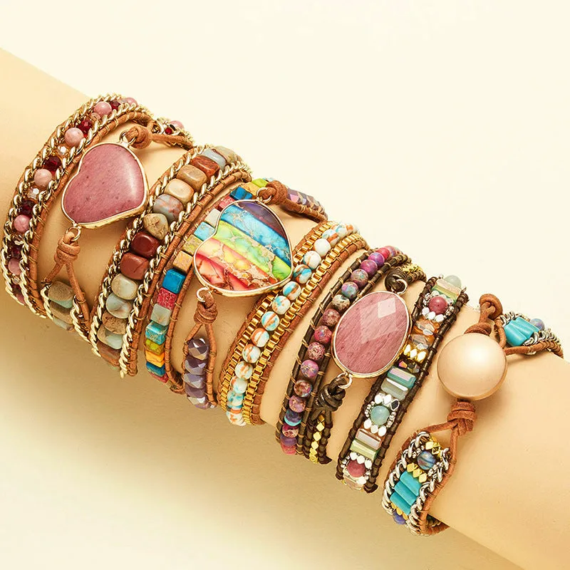 Wholesale Ethnic Style Love Leather Imitation Natural Stone 3-layer Wrap Bracelet for Men and Women