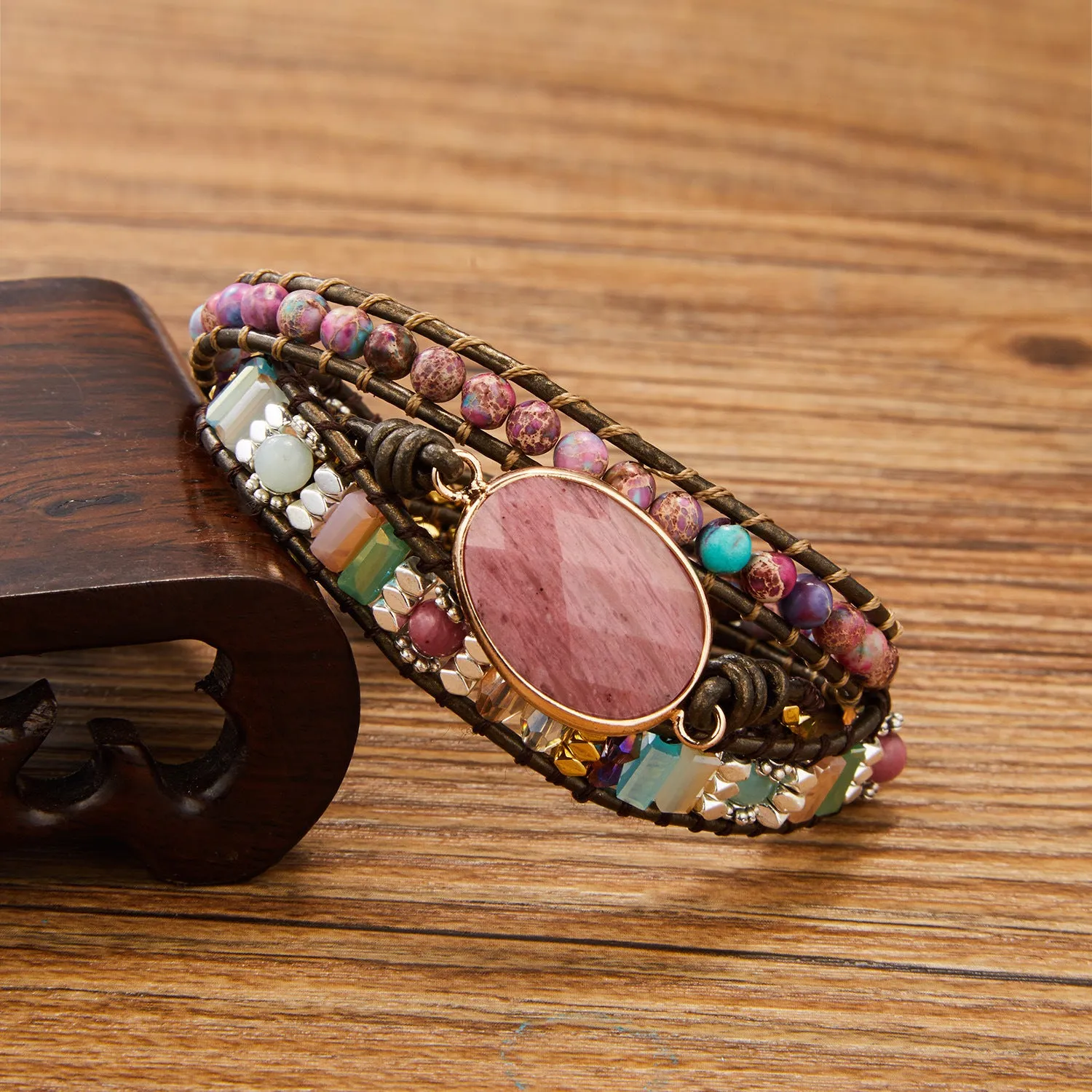 Wholesale Ethnic Style Love Leather Imitation Natural Stone 3-layer Wrap Bracelet for Men and Women