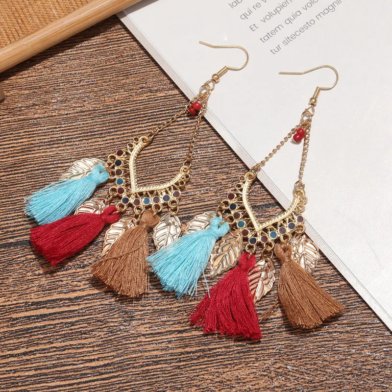 Wholesale Ethnic Style Tassel Metal Leaf Earrings