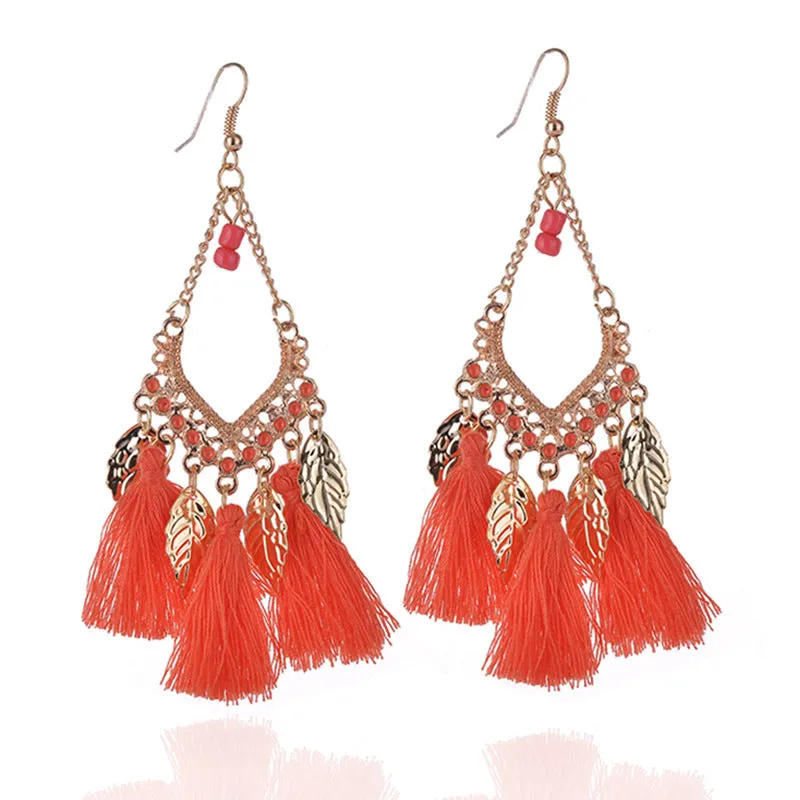 Wholesale Ethnic Style Tassel Metal Leaf Earrings