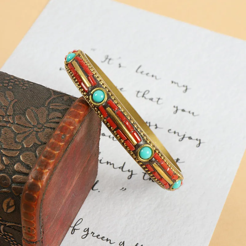 Wholesale Ethnic Style Vintage Brass Set with Turquoise Bracelet