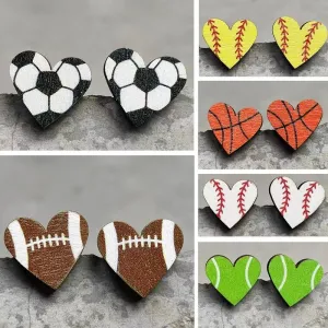 Wholesale Event Sports Accessories Heart Shaped Ball Wooden Earrings