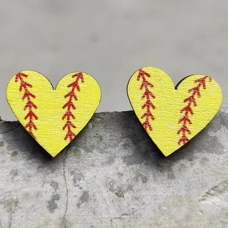Wholesale Event Sports Accessories Heart Shaped Ball Wooden Earrings