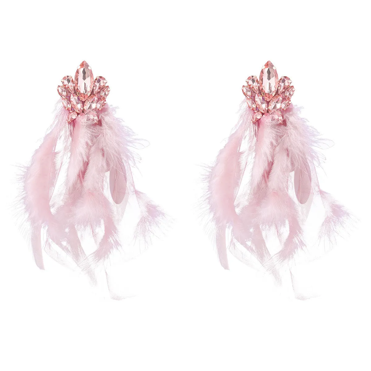 Wholesale Exaggerated Alloy Diamond Floral Long Feather Tassel Earrings