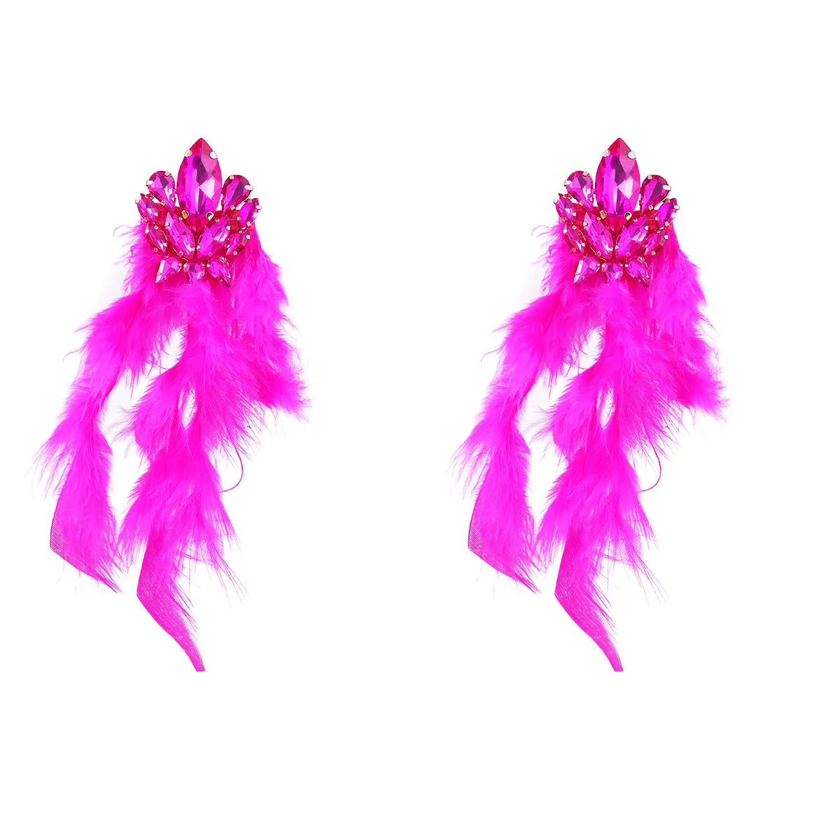 Wholesale Exaggerated Alloy Diamond Floral Long Feather Tassel Earrings