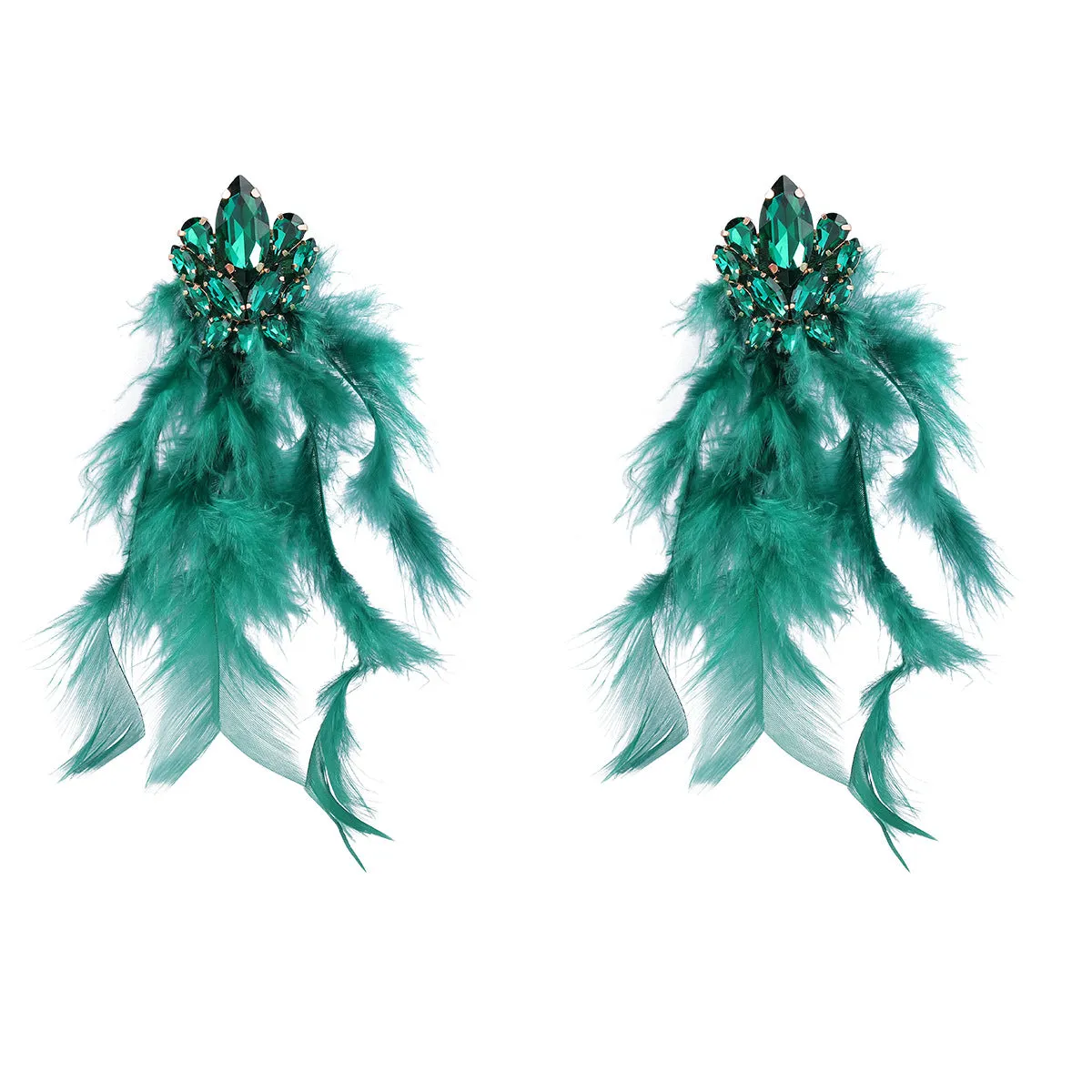 Wholesale Exaggerated Alloy Diamond Floral Long Feather Tassel Earrings