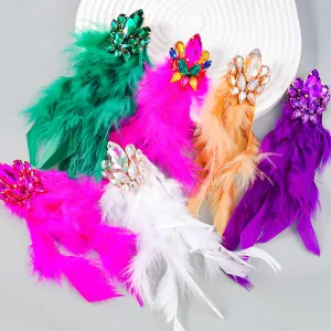 Wholesale Exaggerated Alloy Diamond Floral Long Feather Tassel Earrings