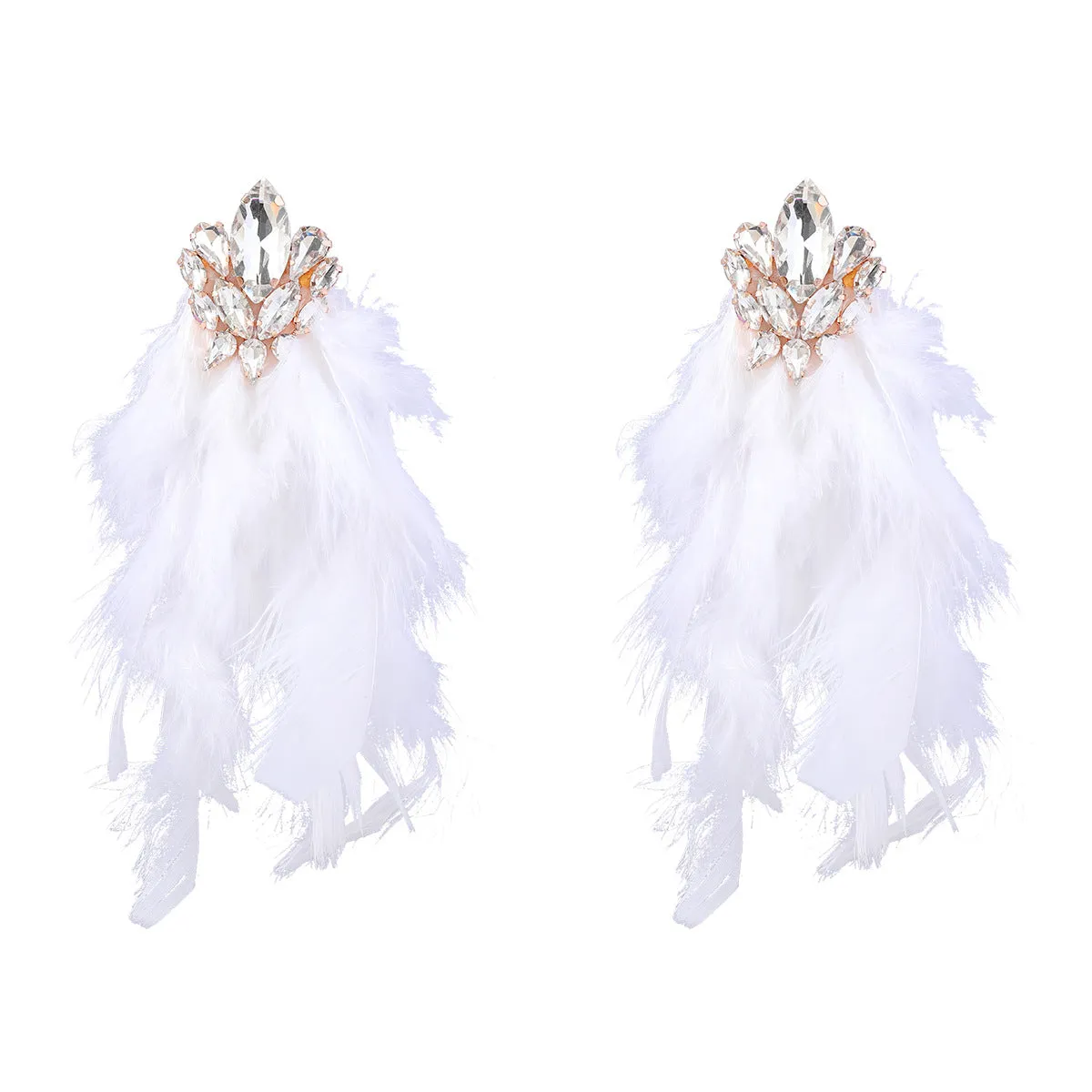 Wholesale Exaggerated Alloy Diamond Floral Long Feather Tassel Earrings