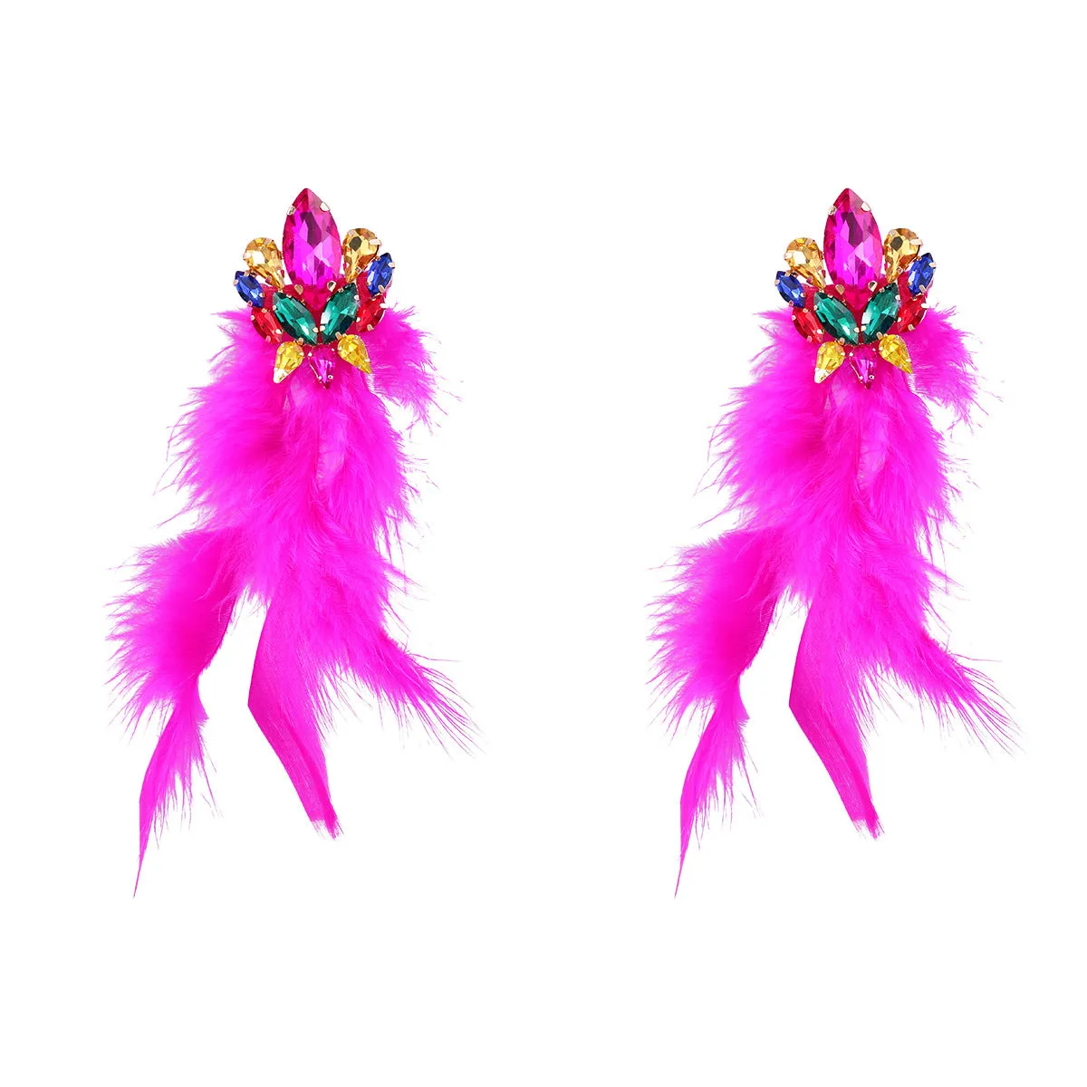 Wholesale Exaggerated Alloy Diamond Floral Long Feather Tassel Earrings