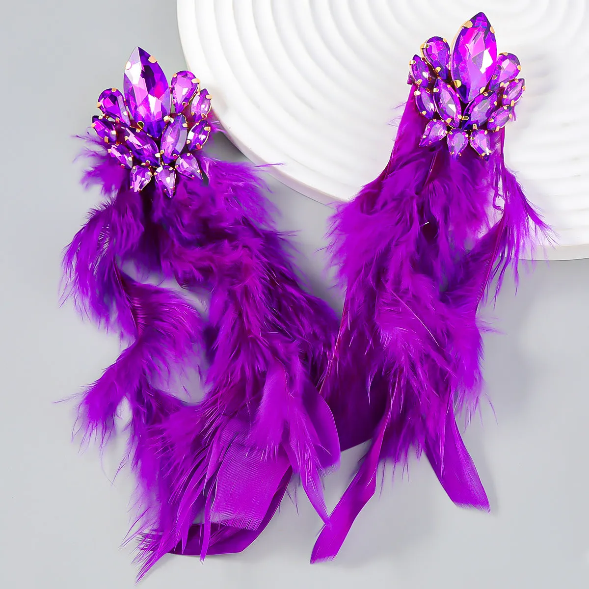 Wholesale Exaggerated Alloy Diamond Floral Long Feather Tassel Earrings