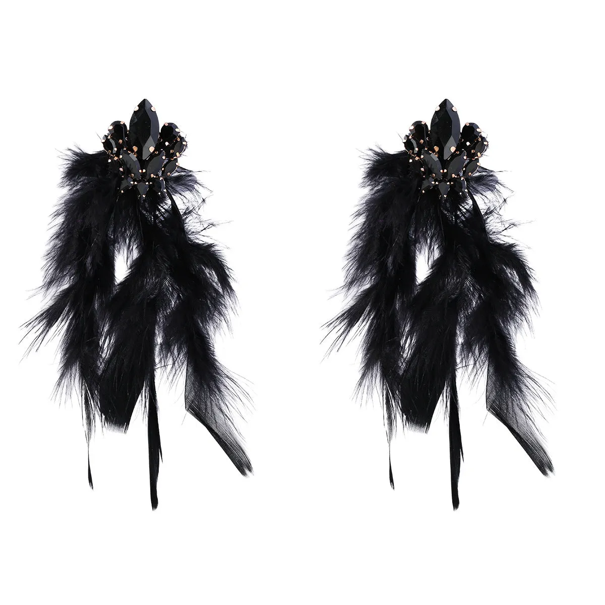 Wholesale Exaggerated Alloy Diamond Floral Long Feather Tassel Earrings
