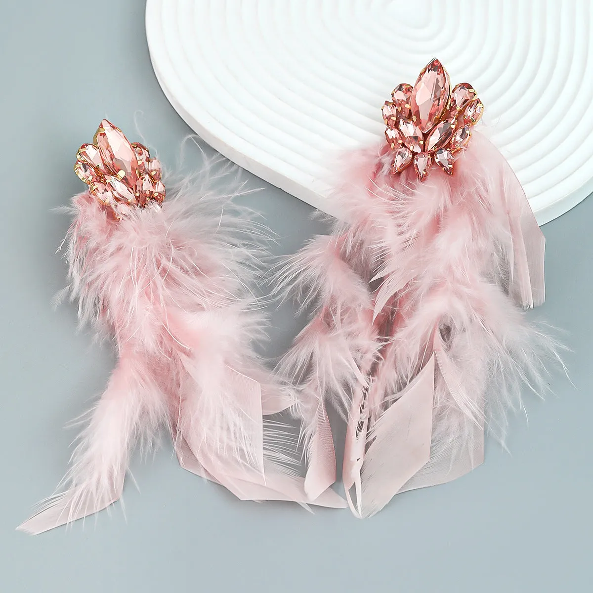 Wholesale Exaggerated Alloy Diamond Floral Long Feather Tassel Earrings