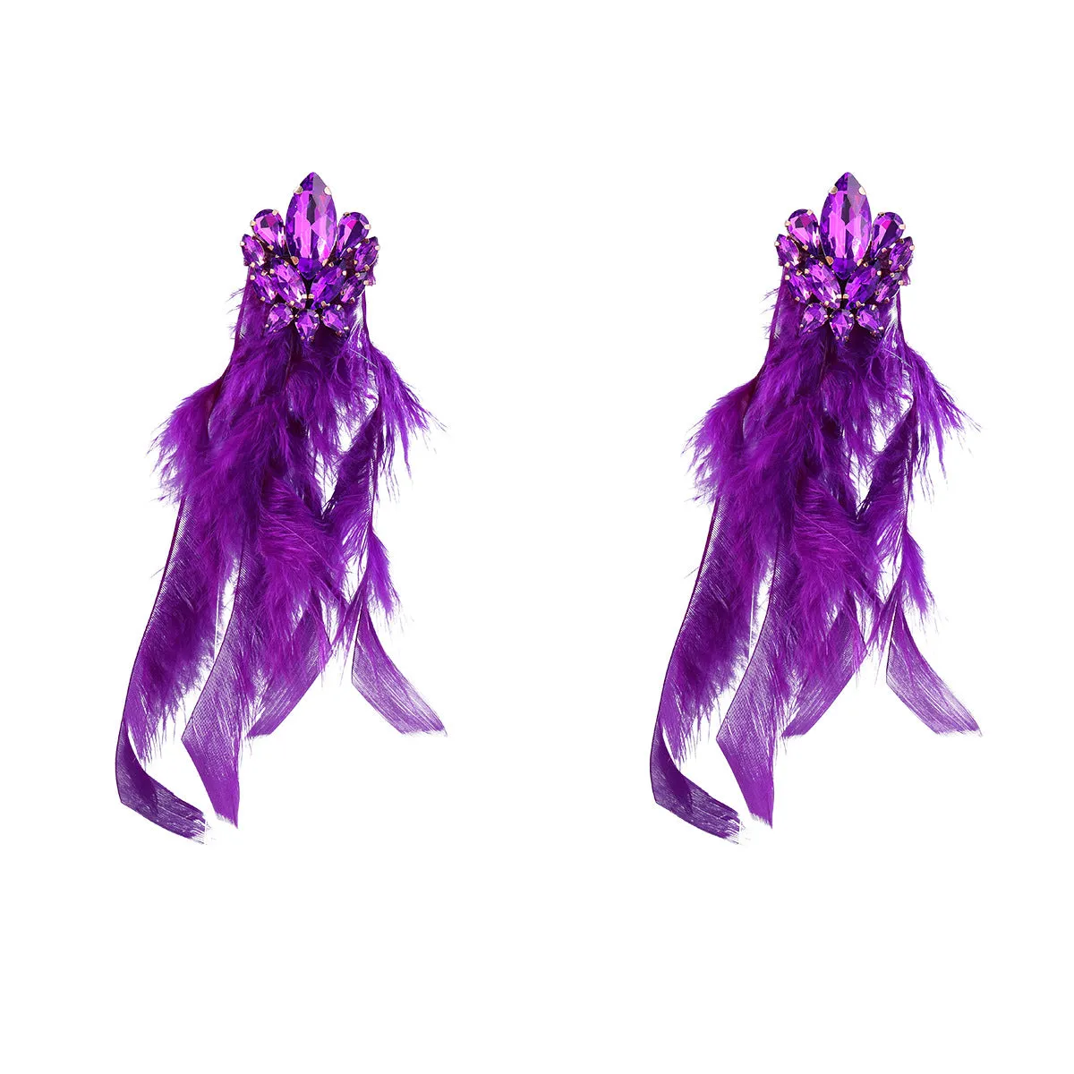 Wholesale Exaggerated Alloy Diamond Floral Long Feather Tassel Earrings