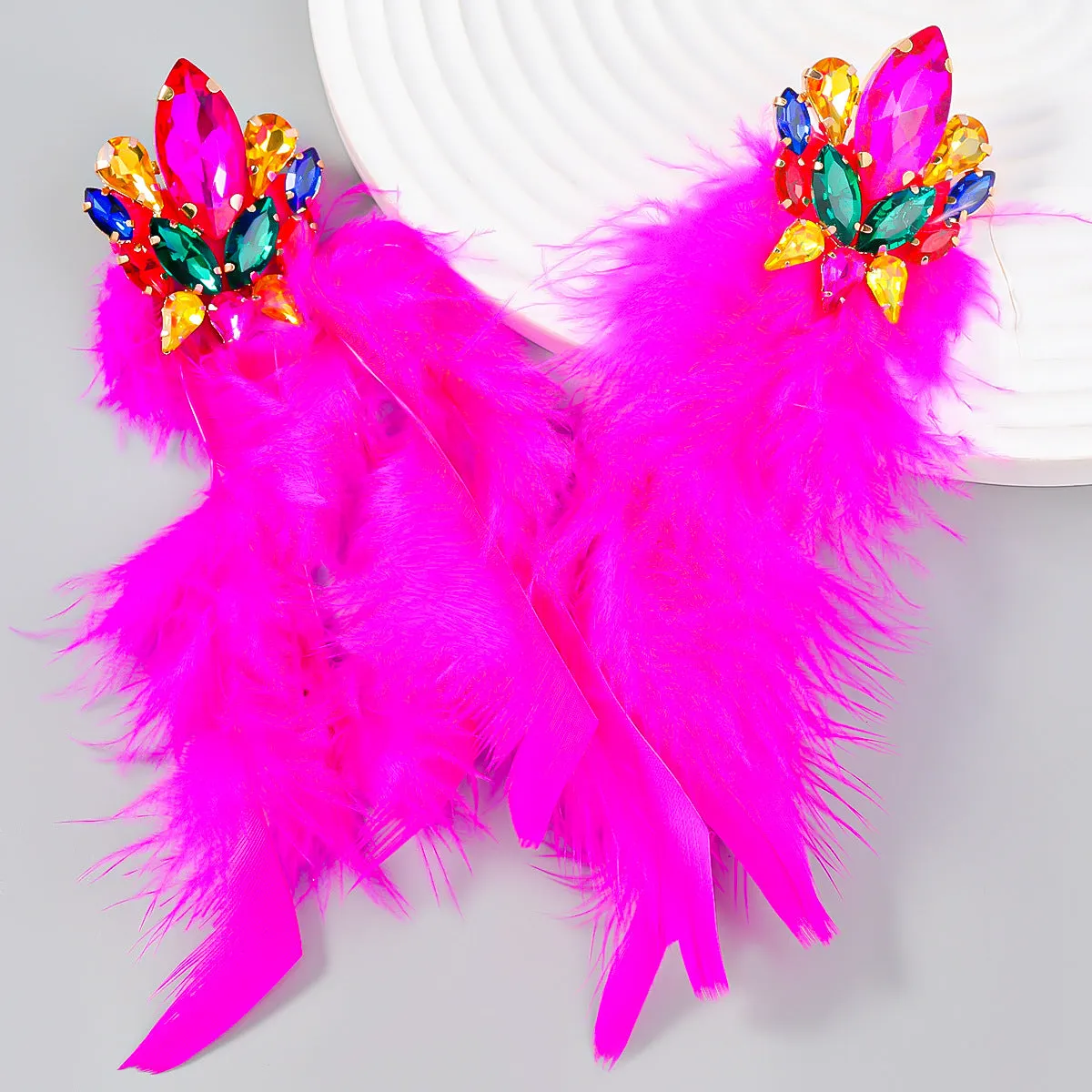 Wholesale Exaggerated Alloy Diamond Floral Long Feather Tassel Earrings