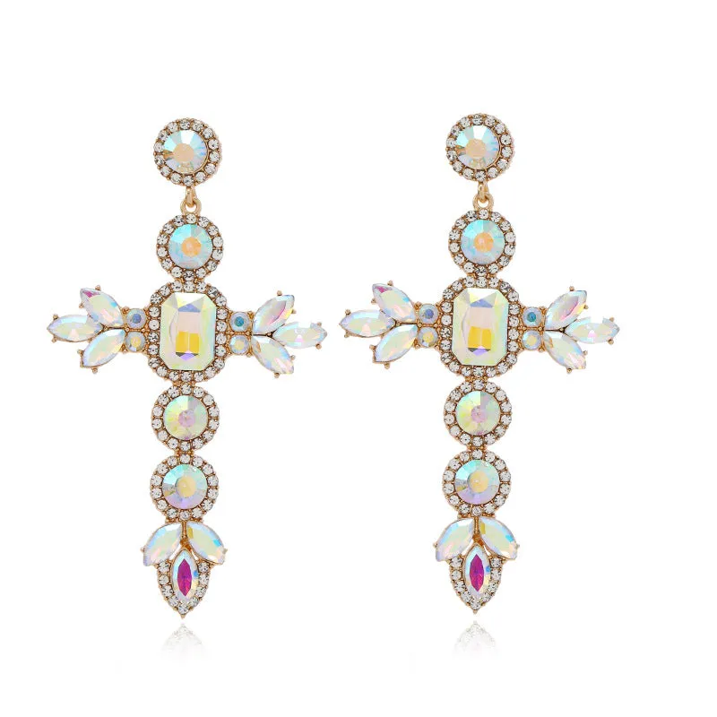Wholesale Exaggerated Bohemian Colored Diamond Cross Earrings