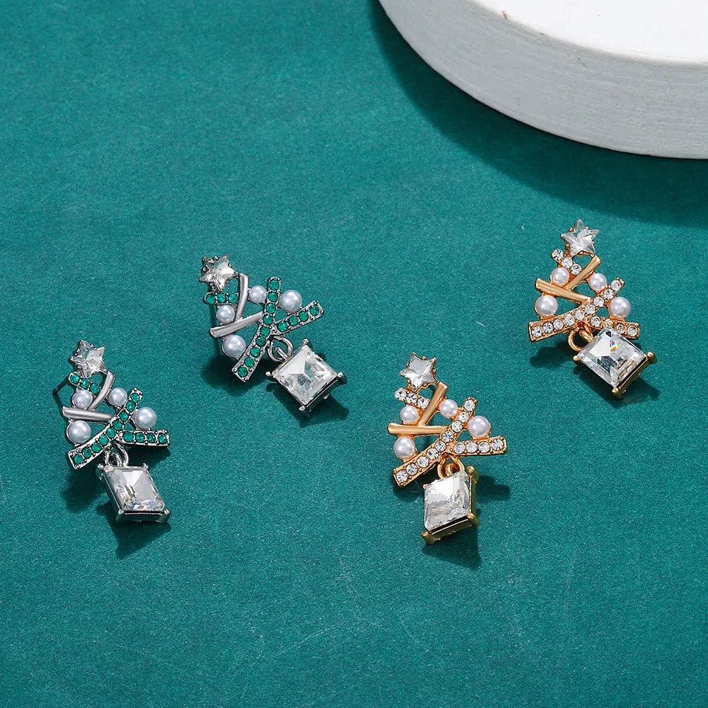 Wholesale Exaggerated Creative Diamond Christmas Tree Colored Diamond Earrings