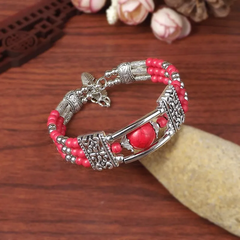 Wholesale Exaggerated Ethnic Style Fashion Tibetan Silver Miao Silver Turquoise Bracelet