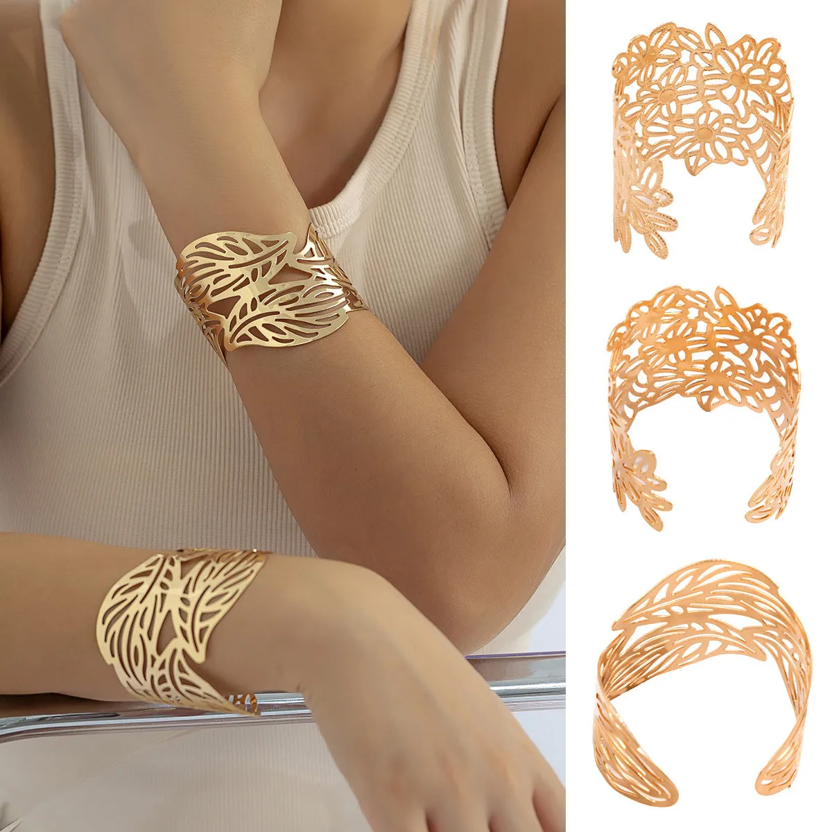 Wholesale Exaggerated Hollow Flower Leaf Opening Metal Bracelets