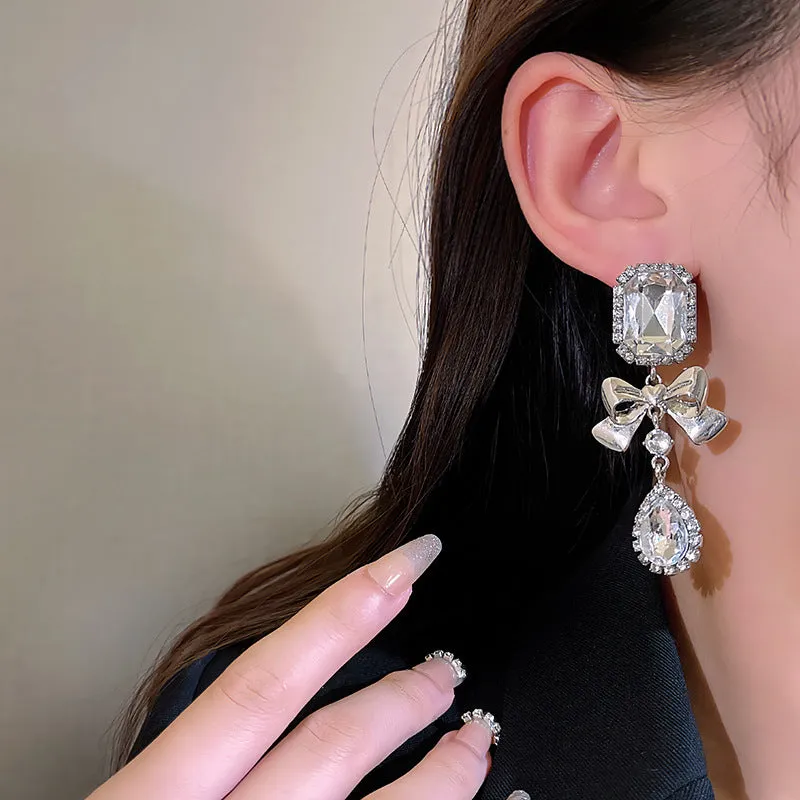Wholesale exaggerated long tassel full diamond bow square earrings