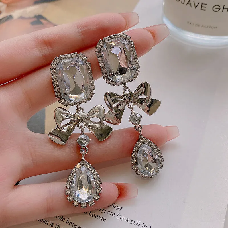 Wholesale exaggerated long tassel full diamond bow square earrings