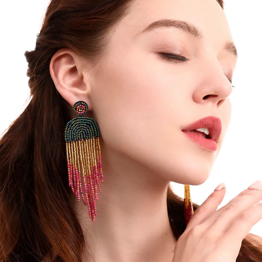 Wholesale Exaggerated Rice Beads Tassel Bohemian Vintage Earrings