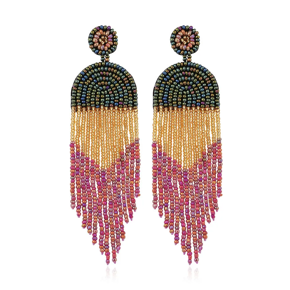 Wholesale Exaggerated Rice Beads Tassel Bohemian Vintage Earrings