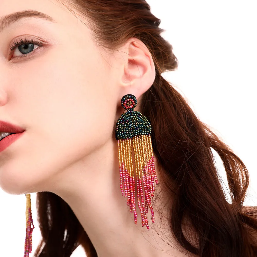 Wholesale Exaggerated Rice Beads Tassel Bohemian Vintage Earrings