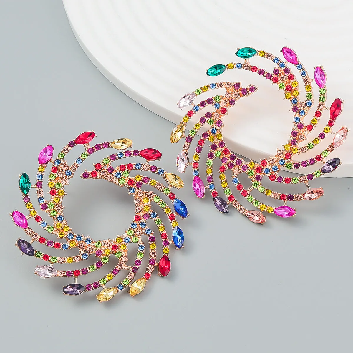 Wholesale Exaggerated Spiral Alloy Diamond Sunflower Earrings