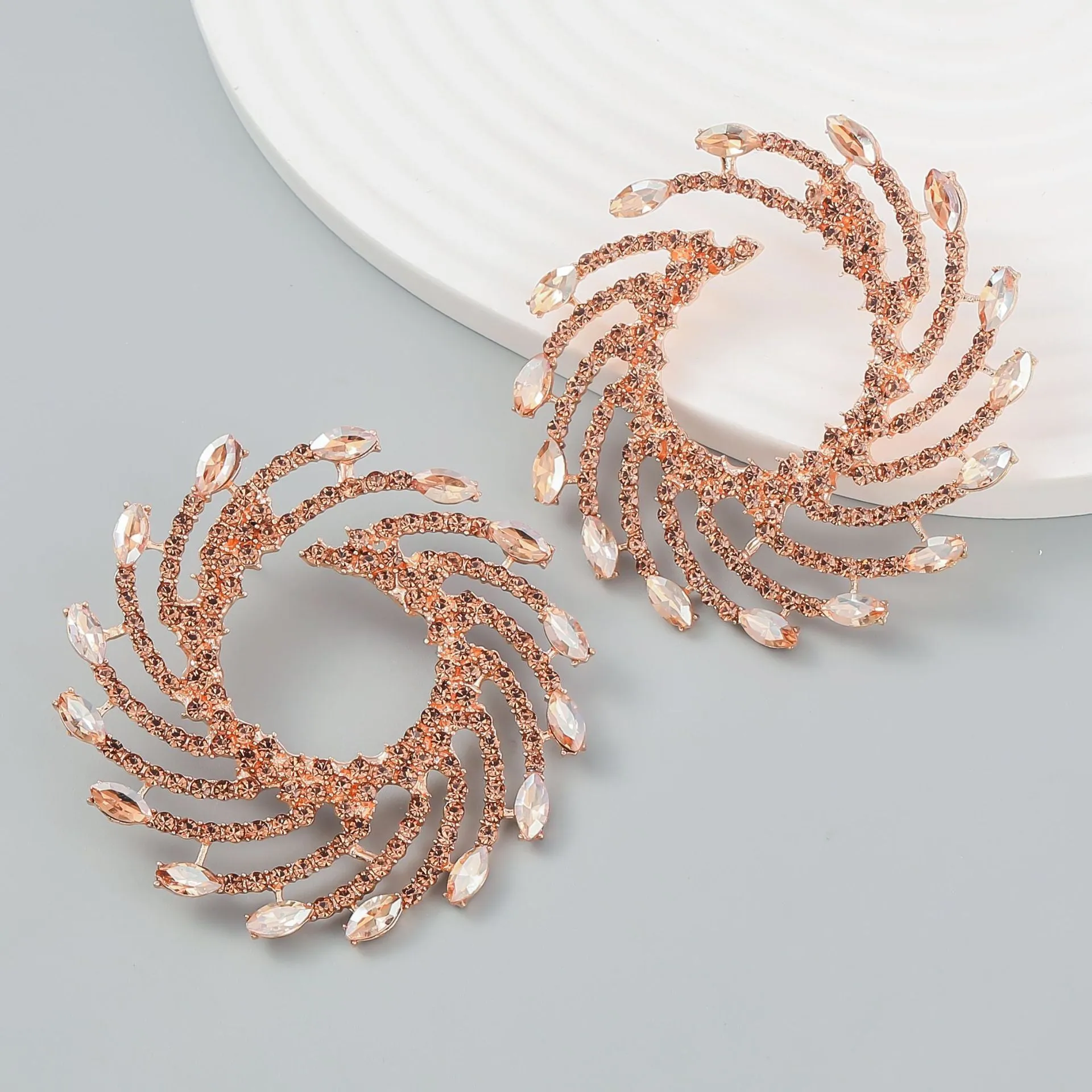 Wholesale Exaggerated Spiral Alloy Diamond Sunflower Earrings